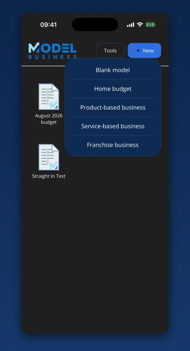 Choosing a template: Blank model, Home budget, Product-based, Service-based or Franchise.